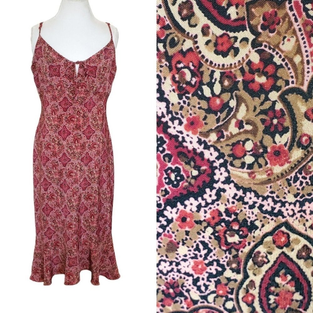 Vintage 90s Y2K Large Slip Dress Maxi‎ Long Paisley Keyhole Psychedelic Red Pink